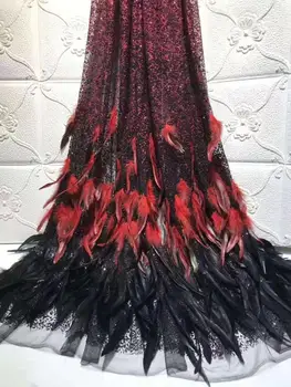 

Wholesale French fringed lace fabric with feather high quality handmade African glitter sequined fabric for royal wedding dress