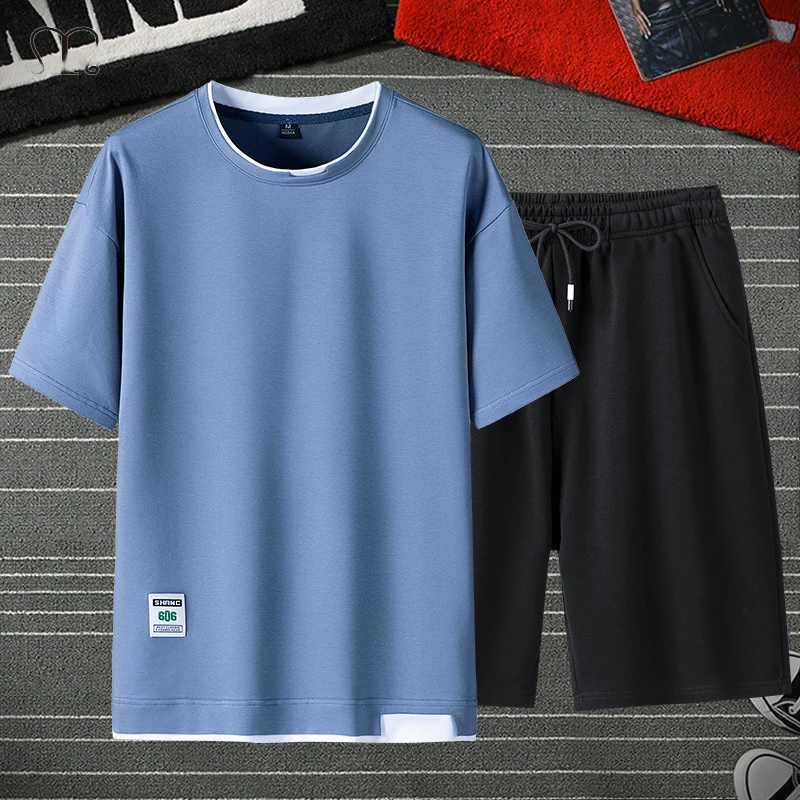 Conjunto de ropa deportiva para hombre, chándal informal de verano, camisetas de cuello redondo y pantalones cortos de chándal de marca, 2 piezas