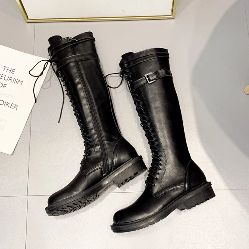2019Brand Woman Cross-Tie Boots Knee High Motorcycle Booties Leather Belt Strap Long Martin Boots Winter Snow Botines Size 35-40