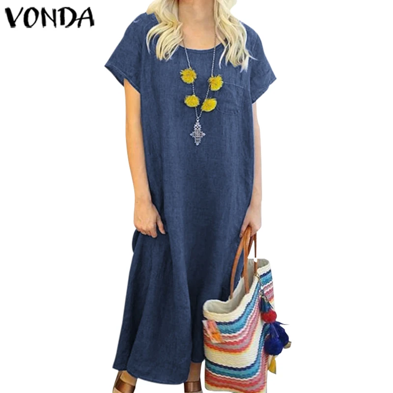VONDA, женский сарафан, летний, короткий рукав, модное платье для беременных, повседневные, свободные, вечерние, Vestidos 5XL, платье для беременных - Цвет: Синий