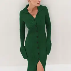 2021 Fall Cardigan Dress Long Sleeve Maxi Dresses Turn-down Collar Pure Color Split Dress Streetwear Cardigan Shirt Dress