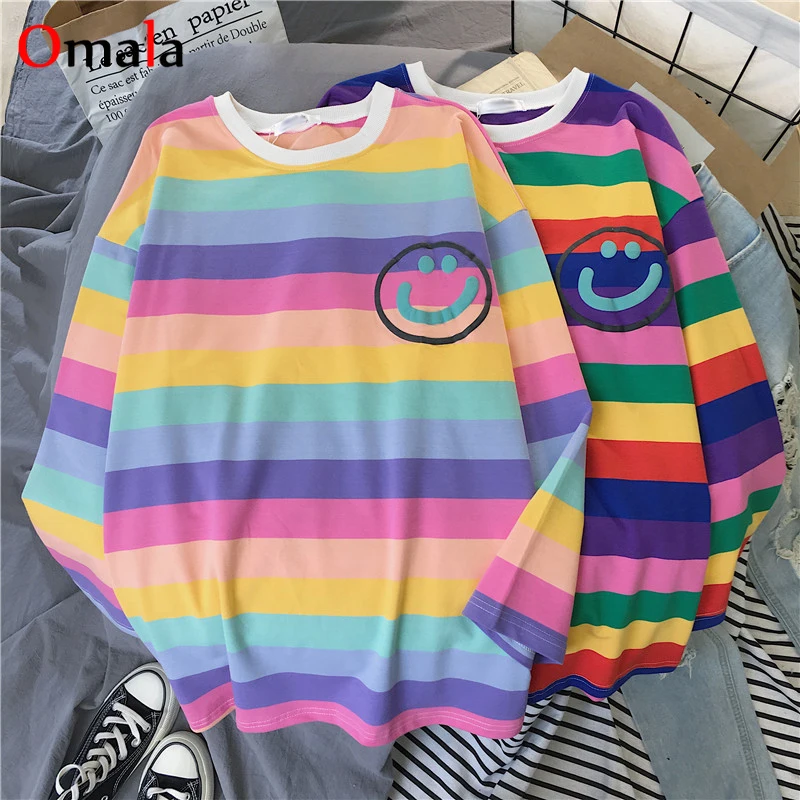 Новинка весны, Женская Футболка harajuku с длинным рукавом, цветные полосатые женские футболки, корейские свободные повседневные женские топы больших размеров