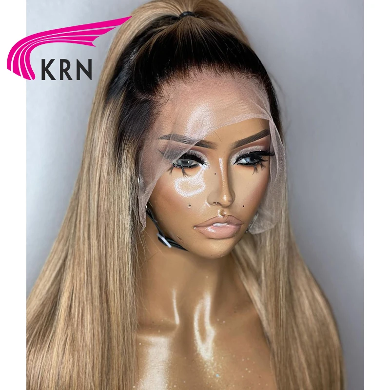 1B27 Straight Hair Lace Front Human Hair Wigs with Baby Hair Preplucked Ombre Honey Blonde Brazilian Remy Lace Front Wig