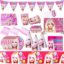 

Barbi Party Cup Disposable Paper Plates Cups Balloons Birthday Party Decoration Kids Party Suppies Background Girls Baby Shower