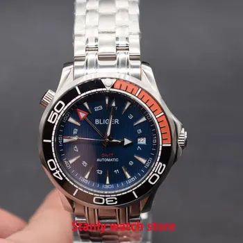 

Solid Bliger 41mm blue dial sapphire crystal luminous GMT function deployment buckle automatic movement men's mechanical watch