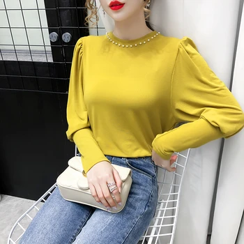 

Beading O-neck T-shirts Tees Women's Solid Full Lantern Sleeve Chic Solid Tshirt Tops For Woman 2020 Autumn
