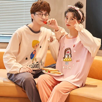 

2020 summer hedging long-sleeved pants pajamas for men and women couples O-neck comfortable casual pajamas pure cotton home