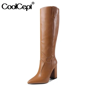 

CoolCept Women Knee High Boots Thick Heel Winter Shoes Woman Warm Long Boot Pointed Toe Fashion Ladies Footwear Size 34-43