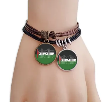 

Palestine Country Flag Name Bracelet Double Leather Rope Wristband Couple Set