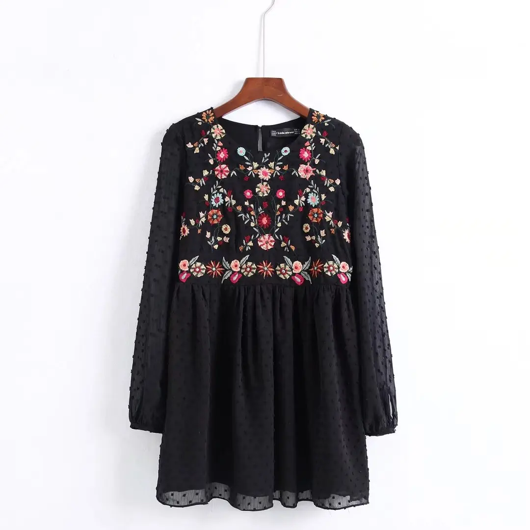 

2017 Europe And America WOMEN'S Dress Embroidered Tulle Long-sleeved Dress 8170