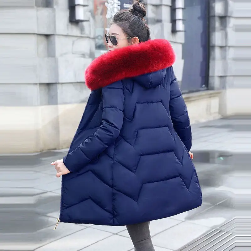 Большая Меховая теплая зимняя женская куртка с капюшоном зимняя куртка для женщин облегающее модное пальто зимнее пальто женские теплые длинные пуховики - Цвет: dark blue 2