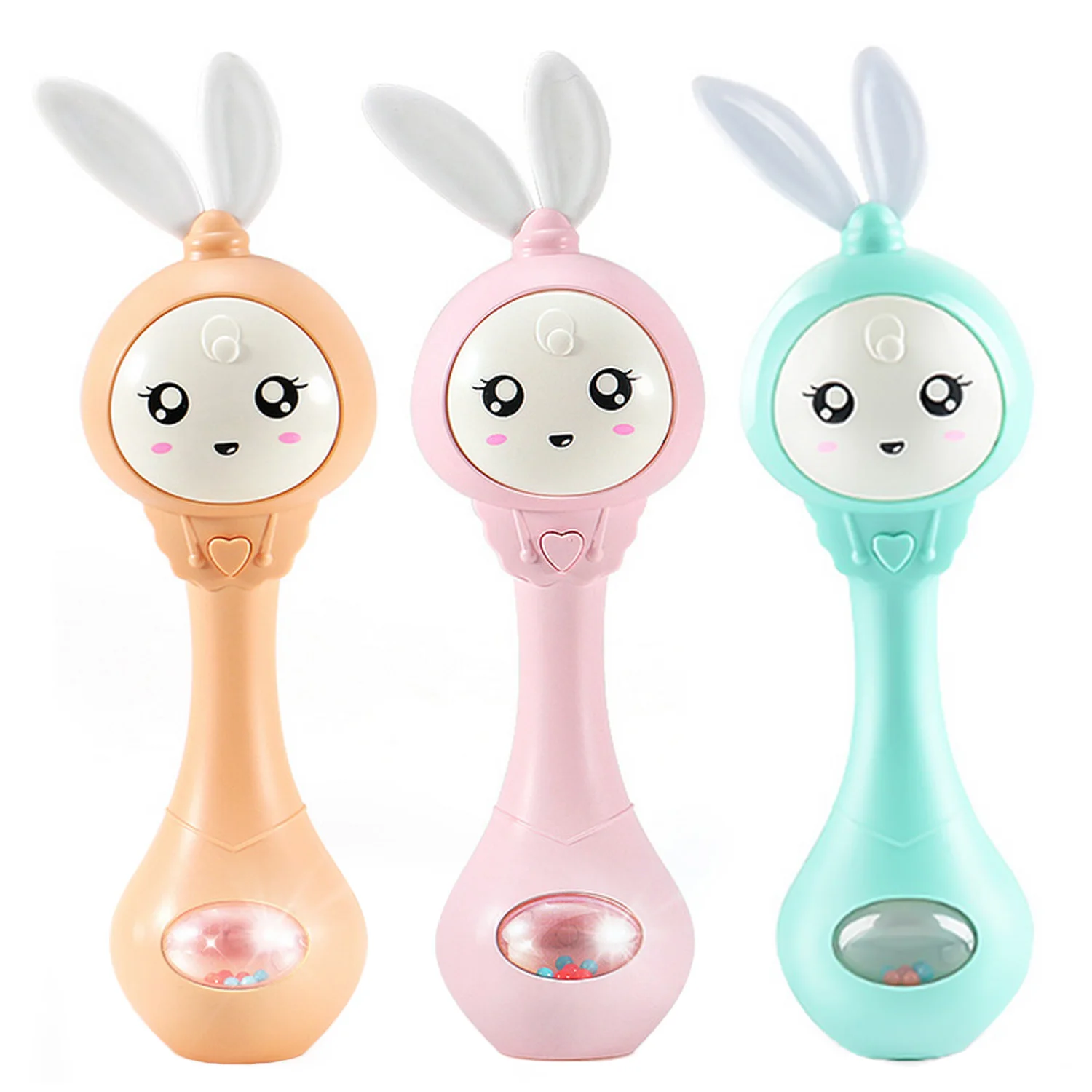 Baby Cartoon Rabbit Rattle Stick Handheld Teether Rattle Shaker Light Musical Rattle Teether Stick Grasping Hand Ring Bell Toy