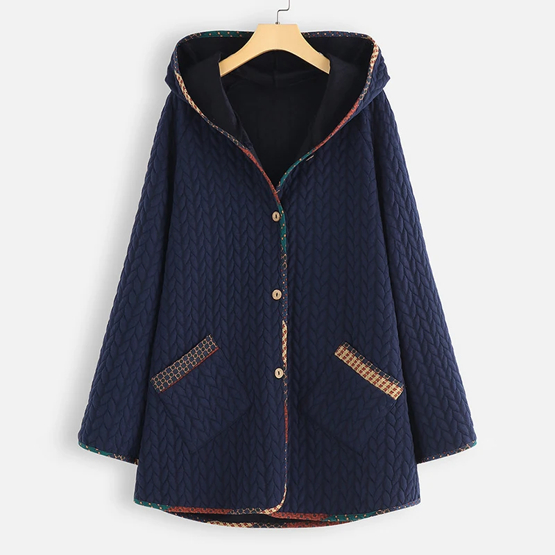 

Autumn Winter Ladies Coat Loose Large Size Women Jackets Hooded Thicken Coat Warm Casual Button Pockets Vintage Overcoat