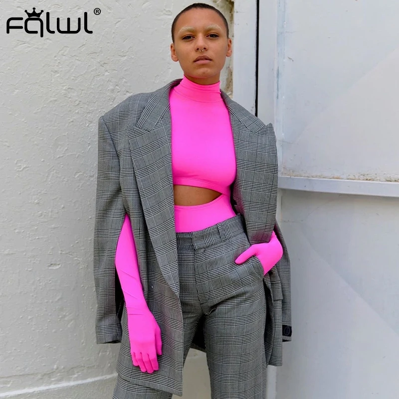FQLWL выдалбливают водолазки сексуальный костюм в обтяжку для женщин Топ с длинным рукавом Розовый Черный боди Женский осень зима дамы комбинезон