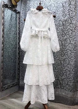 

Top Quality Designer Clothing Sets 2020 Autumn Suit Women Long Sleeve White Lace Tops Blouse+Cascading Ruffle Floor Skirt Sets