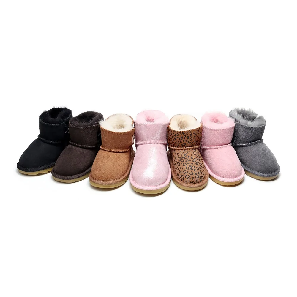 Детские зимние ботинки из натуральной кожи с леопардовым принтом; детские зимние ботинки из натуральной овчины; ботинки для девочек на нескользящей резиновой подошве; теплая обувь