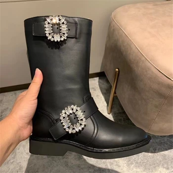 

Winter Genuine Leather Mid Calf Boots Square Buckle Crystal Goth Women Riding Boot 2020 Luxury Brand Designer Women Shoe Booties