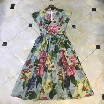 

Designer Summer Cotton Party Tank Dress Women's High Street Fashion Floral Printed Blue elegant Midi Dress Vestidos