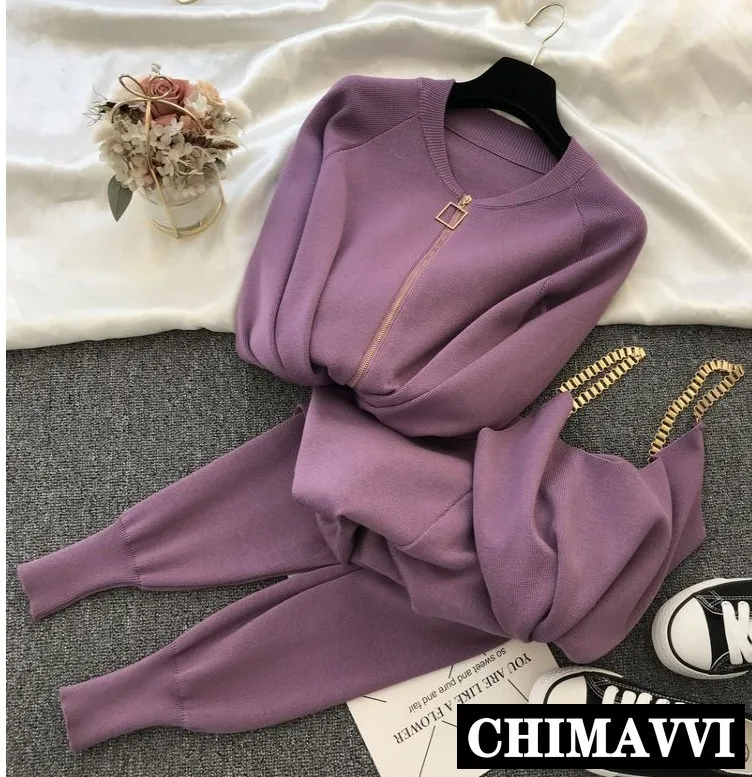 Осенняя одежда комплект для женщин 3 предмета трикотажный досуга куртка кардиган