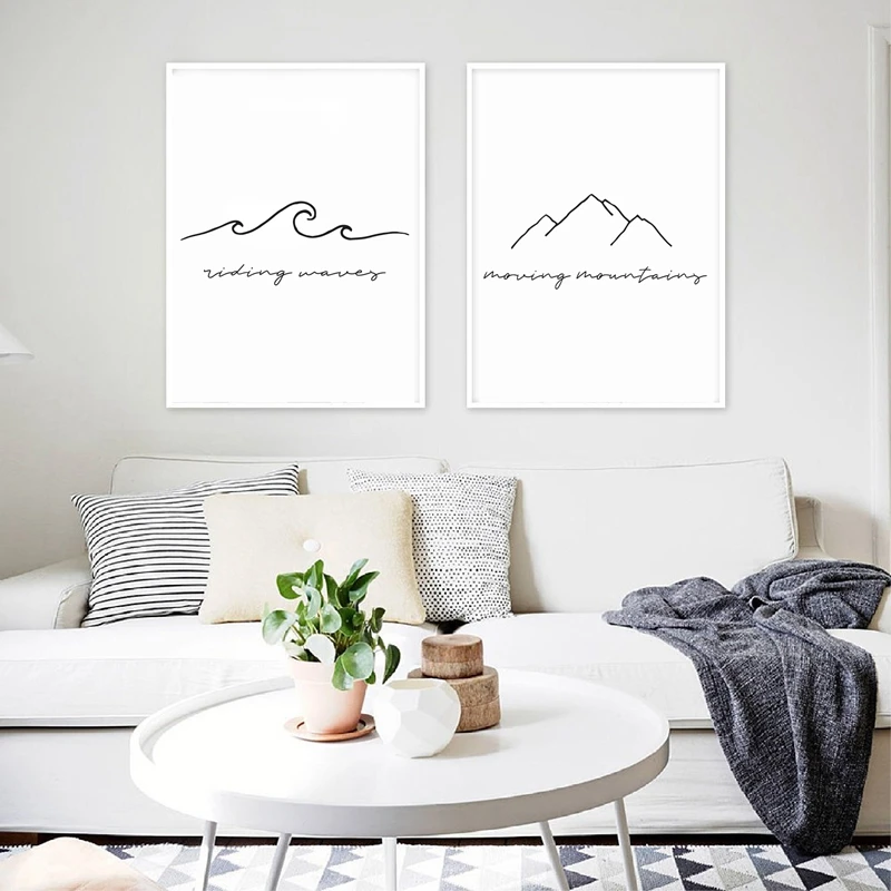 Waves and Mountains Line Canvas Wall Art Print