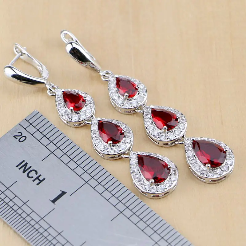Silver Jewelry Set Jewelry Set Silver Jewelry Water Drop 925 Jewelry Red Ruby White Topaz Women Long Earrings/Pendant/Necklace/Rings/Bracelet