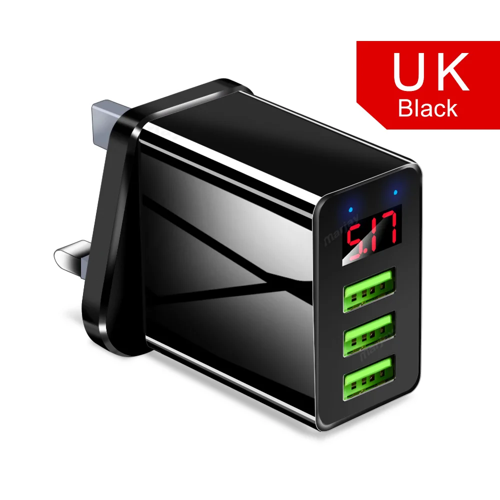 UK Plug Black 5 в 3.1A цифровой дисплей 3 порта USB зарядное устройство для samsung Xiaomi Быстрая зарядка для мобильных телефонов для iPhone зарядное устройство EU US настенный адаптер - Тип штекера: UK Plug Black