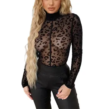 

2020 Spring Women Black Bodysuit Sexy Club Summer Party Long Sleeve Bodycon Spaghetti Leopard Mesh Strap Bodysuit Women Female