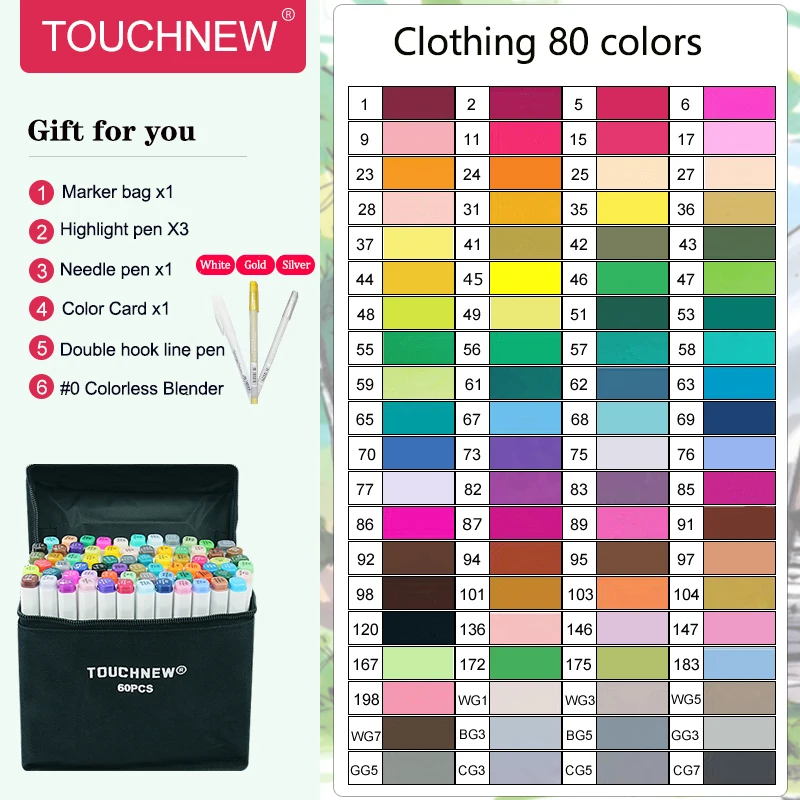 W6th80ColorClothing TouchFIVE маркер ручка набор 40/60/80/168 Цвет анимация маркер для рисования с двумя головками рисунок художественная кисть ручки на спиртовой основе с 6 подарки - Цвет: W6th80ColorClothing