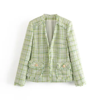 

2020 New Small Fragrant V-neck Hidden Button Tweed Blazer Women England Style OL Elegant Vintage Blazer Femininor Mujer