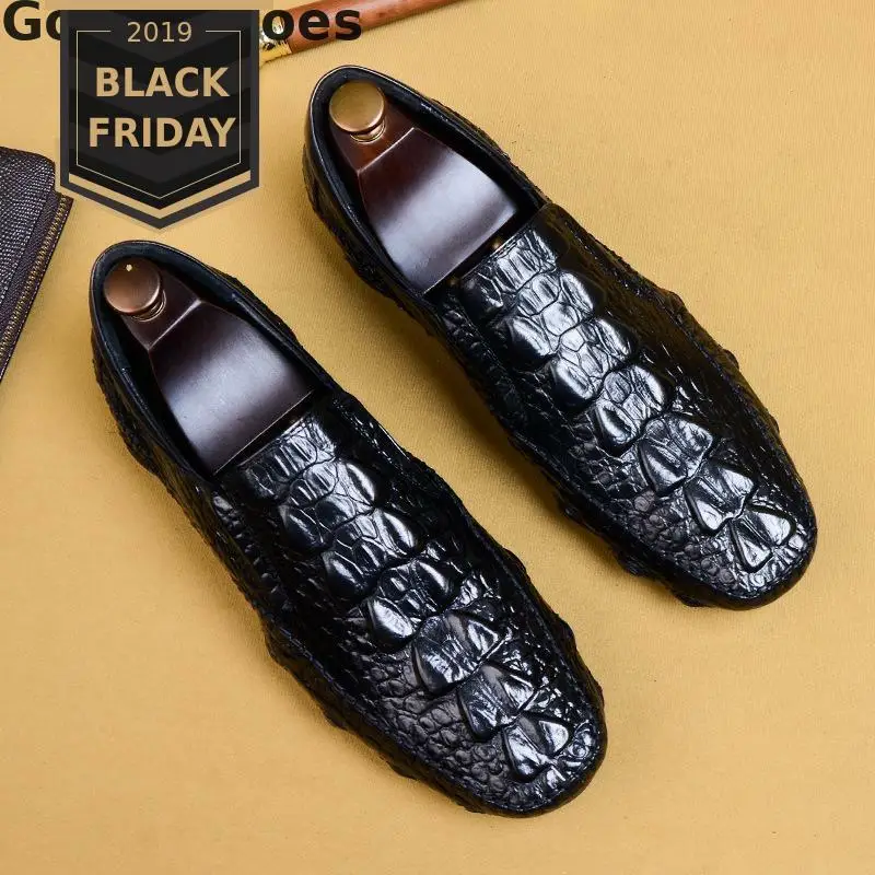 Men Shoes Casual Genuine Leather Crocodile Printed Leather Shoes Men Loafers Round Toe Slip-on Black Brown Mens Shoes Leisure