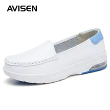 Женские кожаные туфли на плоской подошве; женские осенние туфли на танкетке с закрытым носком; обувь для медсестры; белые женские лоферы без застежки