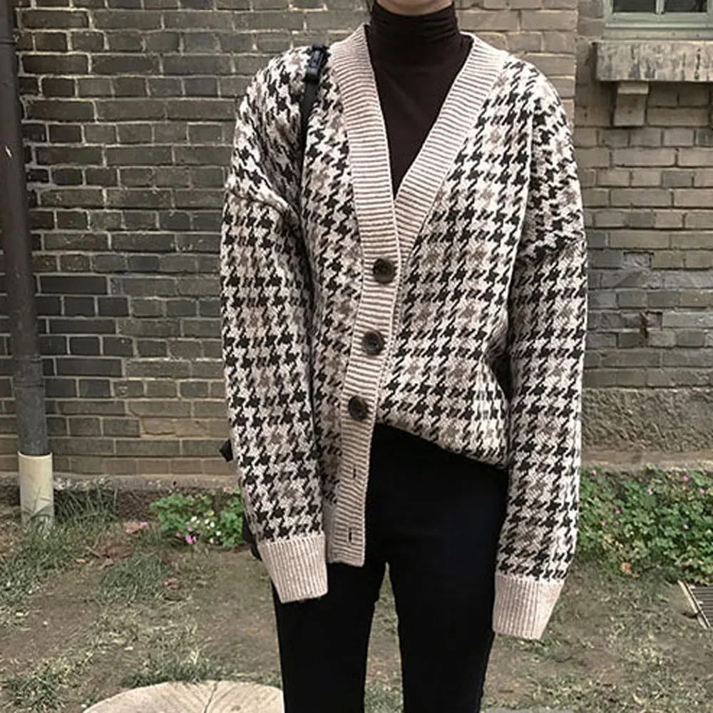 Осенний Вязаный Кардиган с длинным рукавом Однобортный Теплый корейский стиль элегантный повседневный клетчатый свитер Джерси Mujer