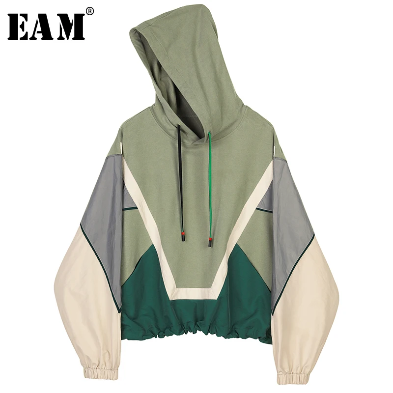 

[EAM] Loose Fit Green Contrast Color Oversize Sweatshirt New HoodedLong Sleeve Women Big Size Fashion Autumn Winter 2019 1B468