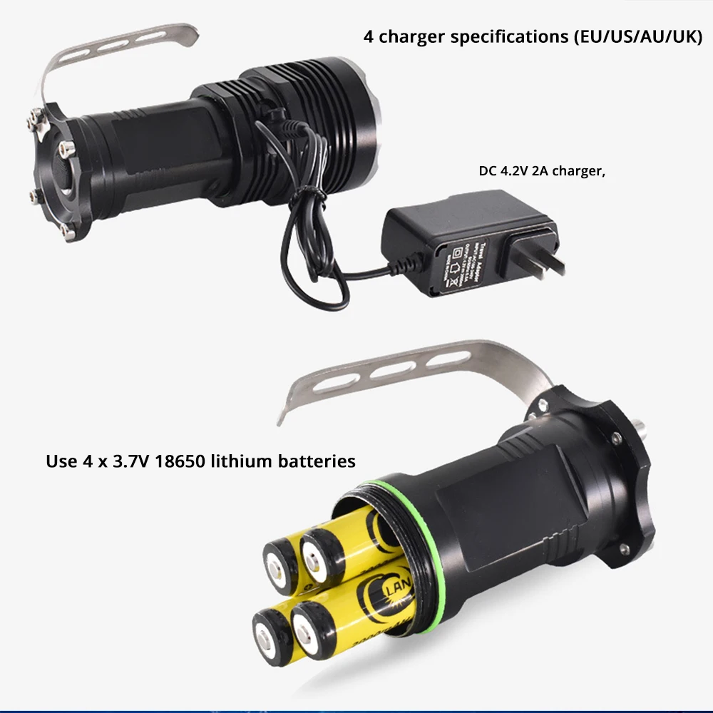 Супер яркий большой светильник, светодиодный поисковый светильник, 5 светильник, режим ing, перезаряжаемый светильник-вспышка, водонепроницаемая охотничья лампа, 4 батареи 18650