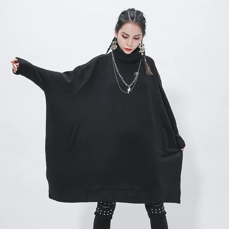 

Plus Size Loose Thicken Knit Sweaters Ladies Long Sweater Dress Black BatSleeve Turtleneck Winter Spring Warm Irregular Pullover