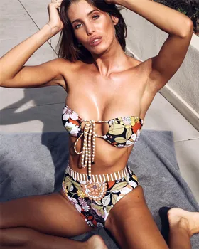 

2020 Sexy Flower Print Bandeau Bikini High Waist Swimsuit Push UP Swimwear Women Strapless Bikini Bathing Suit Swim Wear Buquini