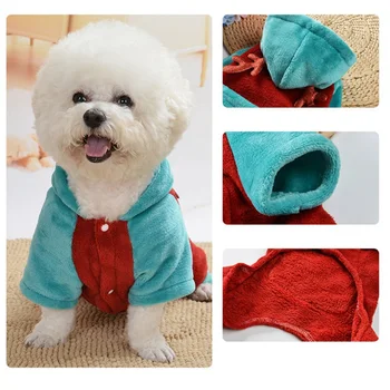 

HOT Pet Double Sided Flannel Hooded Jumpsuit For Cold Weather Dog 4 Legged Button Long Sleeve Coat For Christmas