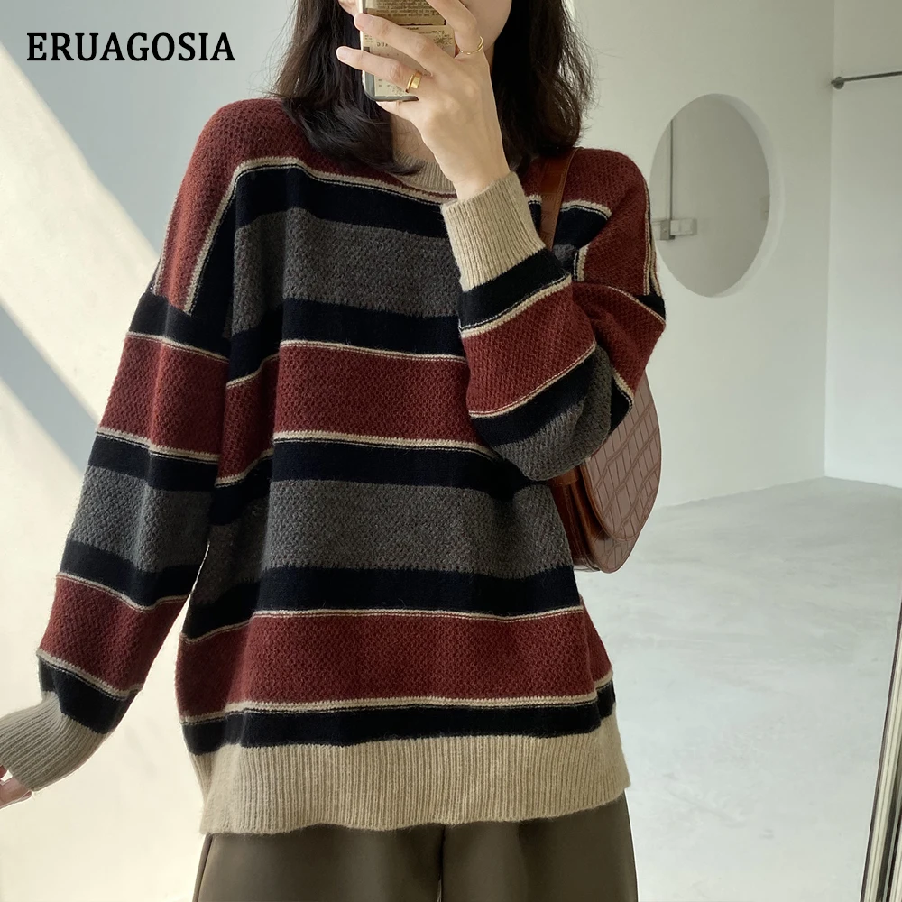 

Striped Women Sweater Long Sleeve O Neck Jumper Autumn Winter Sweaters Female Vintage Streetwear Ladies Casual Loose Tops