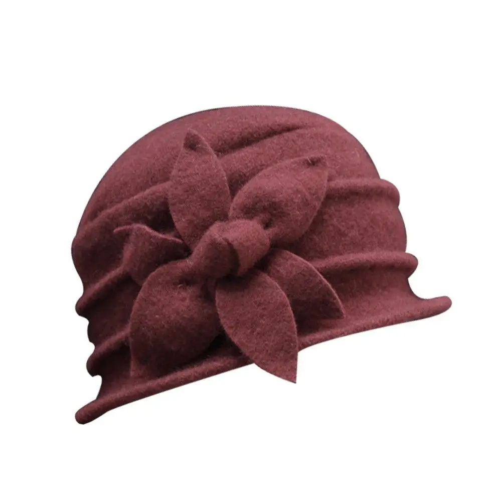 Wine red Женская зимняя винтажная элегантная шерстяная Цветочная фетровая дамская шляпа-колокол, Элегантная кепка - Цвет: Wine red