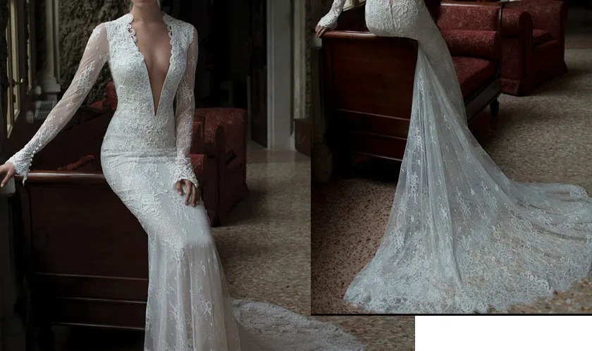 

2018 Mermaid Bridal Gown with Long Sleeves V Neck Sheer Back Lace in Bodice Court Train Elegant mother of the bride dresses