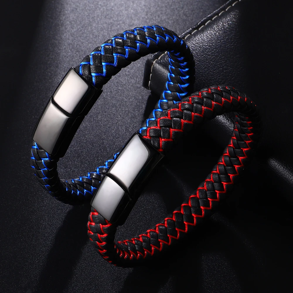 Punk Braided Genuine Leather Bracelet for Men Women Jewelry Stainless Steel Magnetic Clasp Unisex Blue Red Birthday Gifts Couple - Image 3