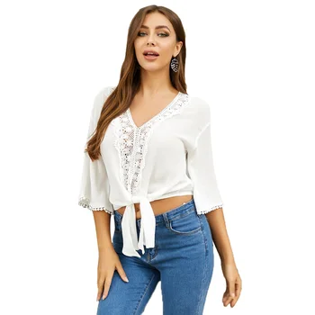 

New women stitching lace tie knotted shirt solid color sexy V-neck top vacation casual three quarter sleeve shirt