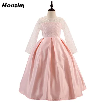 

Formal See Through Long Sleeve Back Button Bow Prom And Wedding Dress Girls 4-13 Age Satin Tuxedo Red Carpet Long Dresses Child