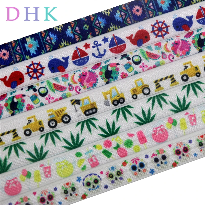 

DHK 5/8'' 5yards aztec leaf skull sea drink printed Fold Elastic FOE stretch ribbon hairbow headwear headband DIY OEM E1611