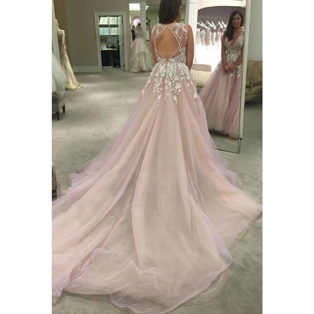 

Wedding Dresses Applique Open Back Sleeveless A Line Floor Length Cathedral Train Bridal Dress Vestido De Noiva