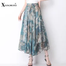 Woman Chiffon Beach Skirt Good Fabric Drape Plus Free Size Skirt High Waist Bohemian Style Printing Mid-calf Floral Skirt