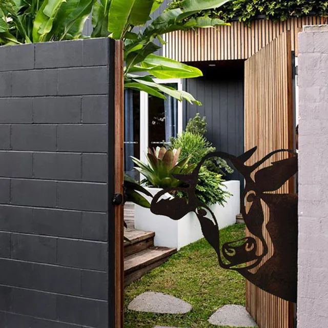 Farm Peeping Tehén Erkély Udvar Dekoratív Fémkert Művészeti Védő Díszek Rajzfilm Kültéri Szobrok Otthoni Művészek - Image 2