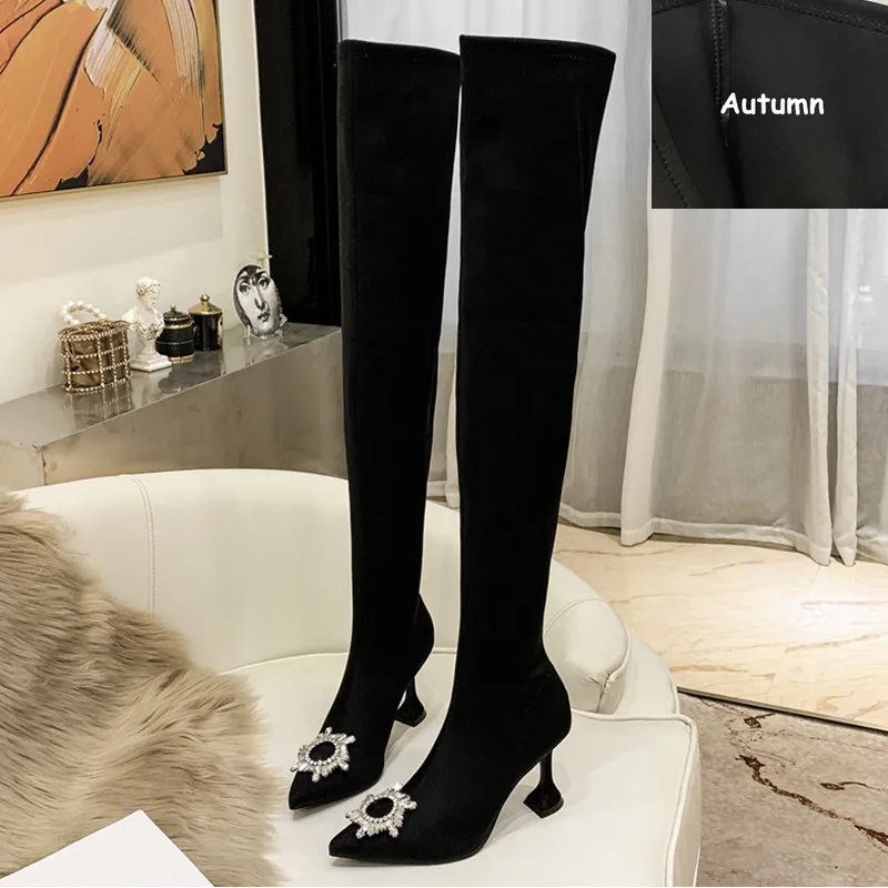 Звездный стиль; женские облегающие высокие сапоги со стразами; эластичные узкие Сапоги выше колена; сезон осень-зима; высокие сапоги на высоком каблуке; обувь - Цвет: 7cm Autumn black