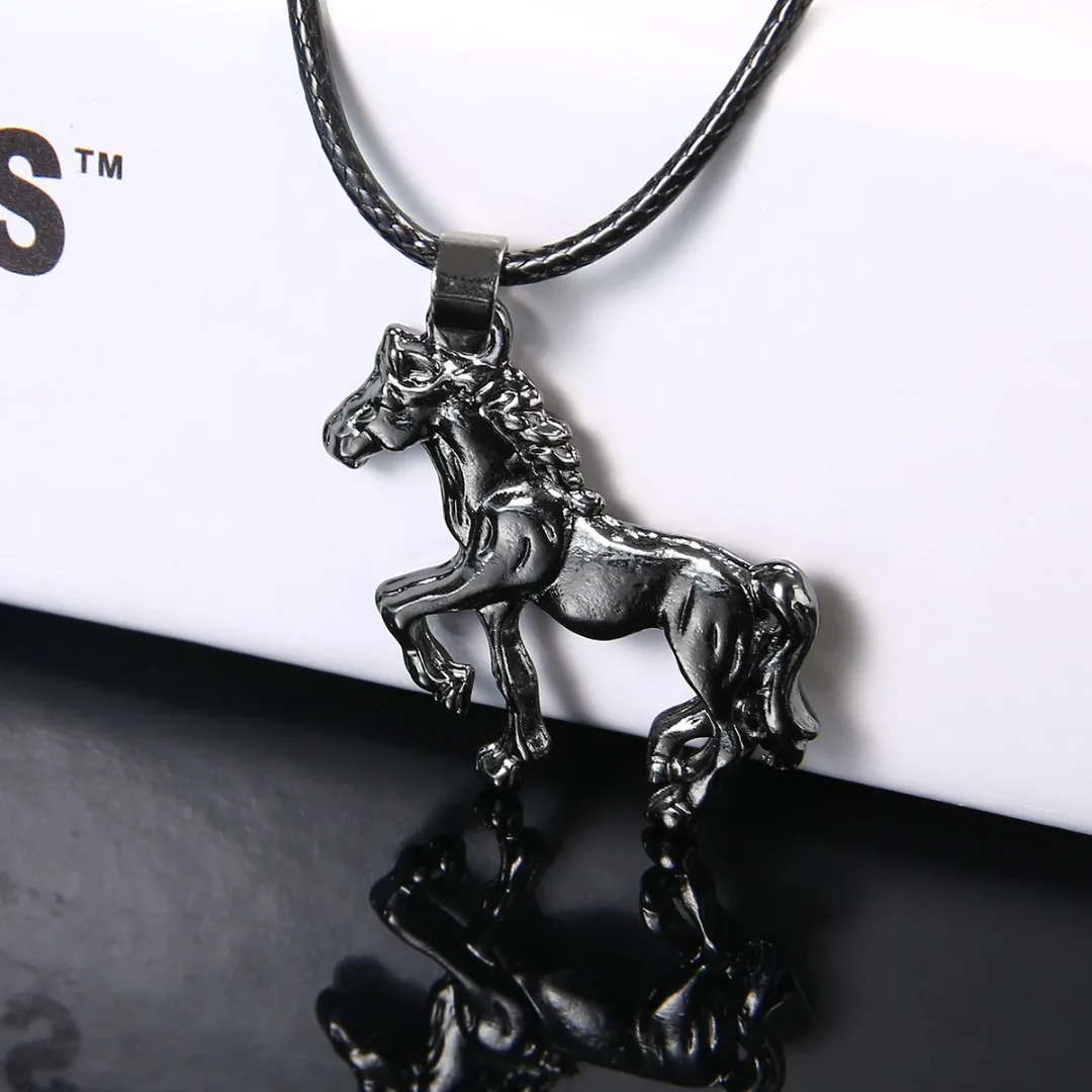 Stainless Steel Vintage Running Horse Pendant Leather Chain For Men Special Silver/Grey Color Long Choker Necklace For Women