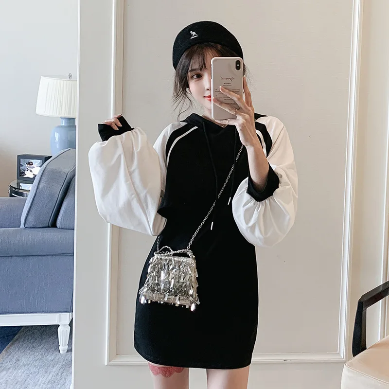 

2020 Spring New Style Large Size Dress Fat Mm Fashion Slimming Hooded Short Hoodie + Tank Dress Two-Piece Set